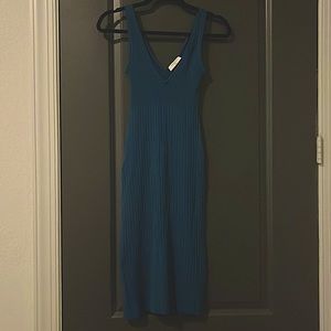 Aritzia Babaton Broderick Midi Dress, Ribbed Knit Double Vneck, Teal, XXS
